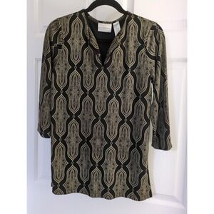 Liz Claiborne Black and Gold Persian Paisley Knit V-Neck Tunic Size Medium